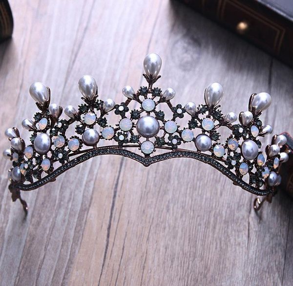 

baroque vintage crystal pearl bridal tiaras hairband headpiece black rhinestone princess pageant crown wedding hair accessories y26918763, White;golden