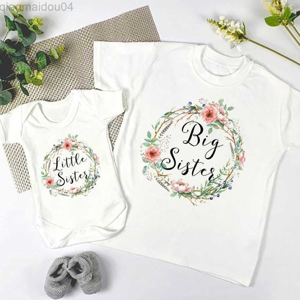

t-shirts flowers wreath print big sister little sister family matching outfit kids clothes short sleeve t shirt baby bodysuit kids romper aa, Blue