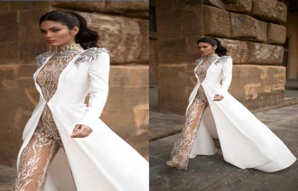 

wedding jumpsuits with long jacket 2020 new high neck lace appliqued bead lace bridal dress sweep train illusion beach wedding gow4013207, White