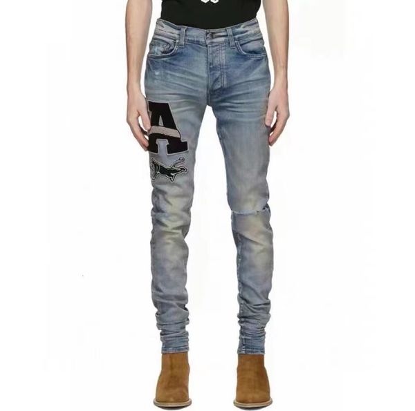 

men's jeans embroidered badge ripped men slim fit trousers size 36 230517, Blue