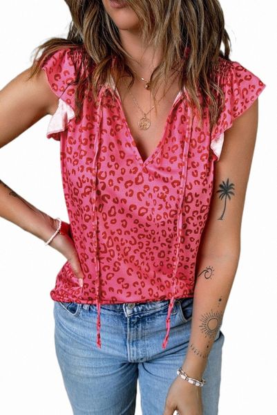 

red frilled spilt v neck leopard ruffled h8dw#, White
