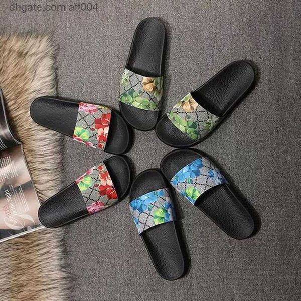 

2023ss designer slippers rubber slides sandal blooms green red white web fashion mens womens shoes beach flip flops with flower box star bee, Black