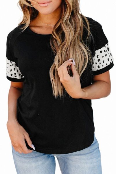 

black cheetah sleeve patchwork t-shirt 2023 new 21ei#, White