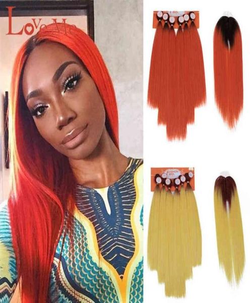 

love me synthetic yaki straight hair bundles 7pcspack 1620inch ombre synthetic hair bundles with closure weave hair extension h27321756, Black