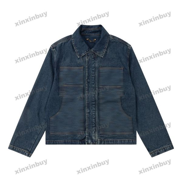 

xinxinbuy men designer coat jacket hooded letter emboss panelled denim sets long sleeve women blue black s-xl, Black;brown