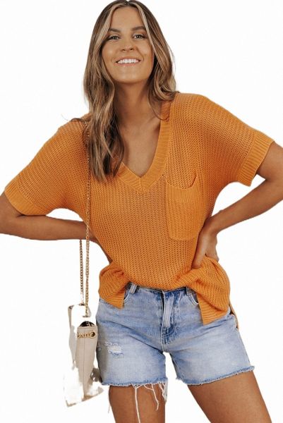 

orange chest pocket knit short sleeve 2023 new u06p#, White