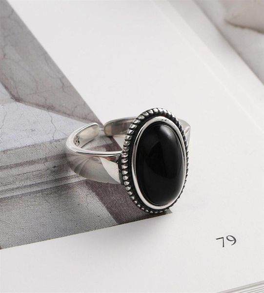

flyleaf black onyx rings for women real 925 sterling silver fine jewelry open ring vintage 100 natural stone mother039s gift5080916, Slivery;golden