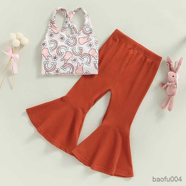 

clothing sets summer fashion kids baby girl easter clothing outfits cartoon print sleeveless and flare pants set r230518, White