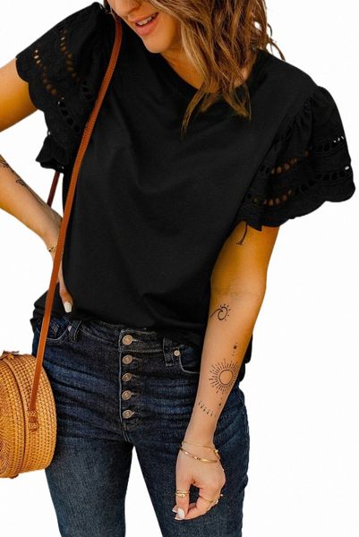 

black hollow out ruffle sleeve t-shirt 2023 new 86xm#, White