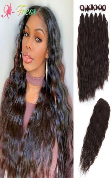 

xtress ombre color hair synthetic deep wavy hair weaving bundles with closure brown colored hair extensions with 4x4 closure 22023957784, Black;brown