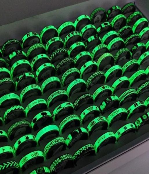 

band rings 50pcs lot fashion stainless steel luminous for women and men mix style ecg love animal glow in the dark jewelry wholesa3711089, Silver