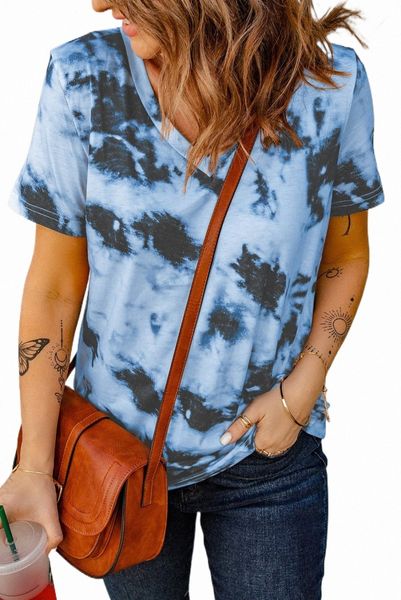 

sky blue tie-dye v neck t-shirt 2023 new x2gv#, White