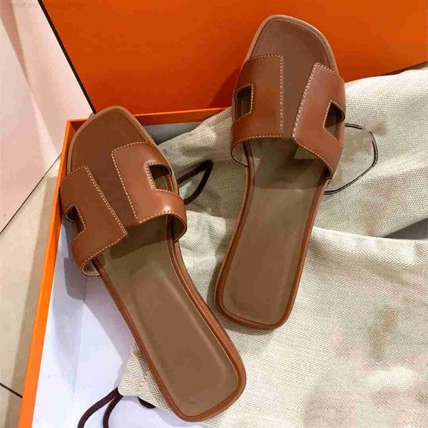 

slippers women slippers h brand sandals genuine leather flat beach shoes designer flip flops brown black matte classics women's slipper
