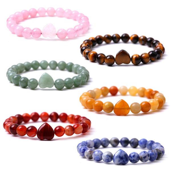 

colorful natural stone heart shape beaded bracelet chakra rose quartz pink crystal agates bangle women yoga jewelry, Black