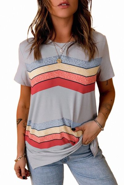 

gray colorful wavy stripes print short sleeve tee d8pk#, White