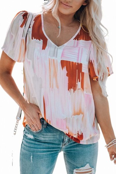 

multicolor color block ruffled short sleeve v neck t-shirt d1wu#, White