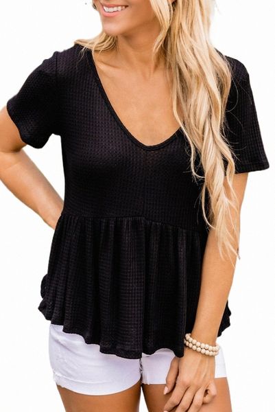 

black short sleeve waffle knit peplum 2023 new w6n9#, White
