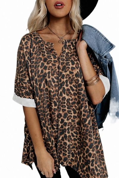 

v notch rolled cuffs loose leopard 2023 new o8u6#, White
