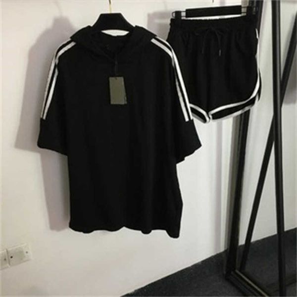 

summer two piece pants webbing patchwork suit short-sleeved hooded sweatshirt and casual shorts tracksuits 3 colors designer clothing women, White