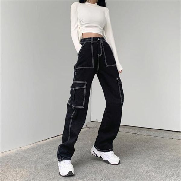 

jeans pockets patchwork baggy jeans fashion streetwear 100% cotton women denim trouser loose pants jeans harajuku, Blue