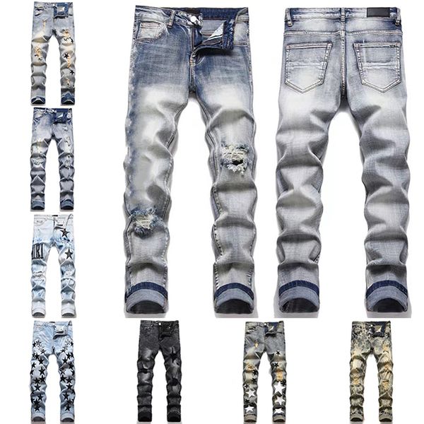 

designer mens mens jeans high street purple jeans for mens embroidery pants womens oversize ripped patch hole denim straight fashion streetw, Blue