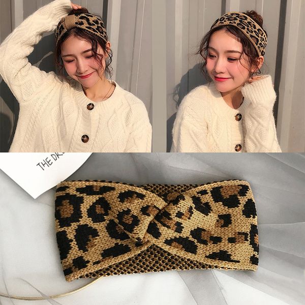 

household sundries vintage leopard print headband wool wide-brimmed braided headbands stretch knitted warm head ornamen diadema con estampad