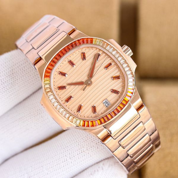 

women watch case with diamond automatic mechanical watches 35mm lady wristwatch sapphire waterproof montre de luxe, Slivery;brown