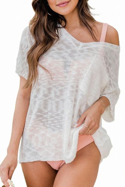 

beige v neck knitted short sleeve with pocket r5ah#, White