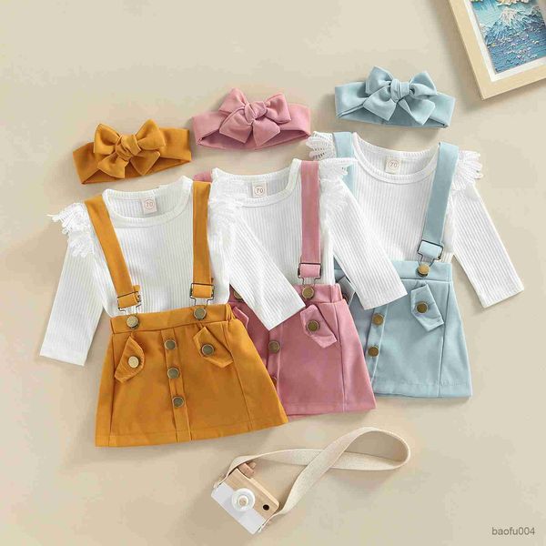 

clothing sets infant baby girls 3pcs suit long sleeve plain snap and buckle straps suspender short skirt and headband r230518, White