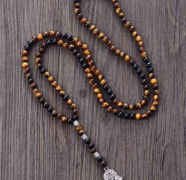 

men039s 6mm tiger eye onyx with antique beads hamsa fatima hand pendant mens rosary necklace jewelry drop 2009299924971, Silver