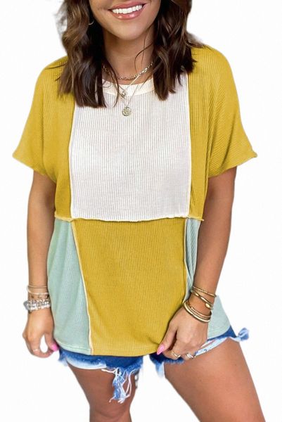 

yellow colorblock stitching short sleeve rib knit f1ew#, White