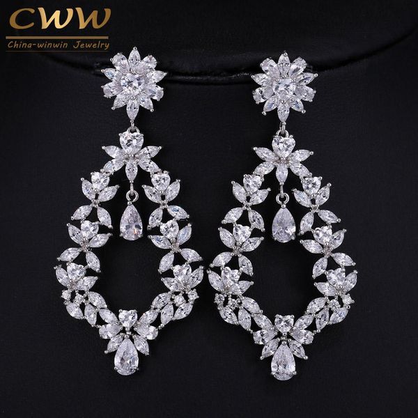 

knot cwwzircons vintage design large party jewelry cubic zirconia setting long flower drop big size fancy earrings for women cz087, Silver