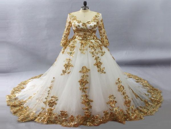 

gorgeous white muslim wedding dresses with gold lace appliques bridal gown long sleeves vestido de noiva bridal gown with color8172627
