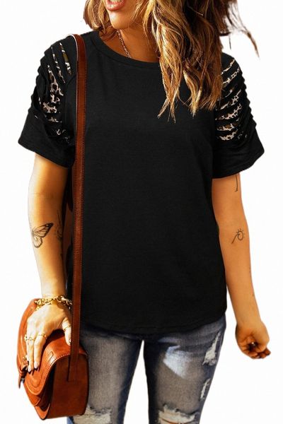 

black leopard patchwork cut out short sleeve t shirt b4gu#, White