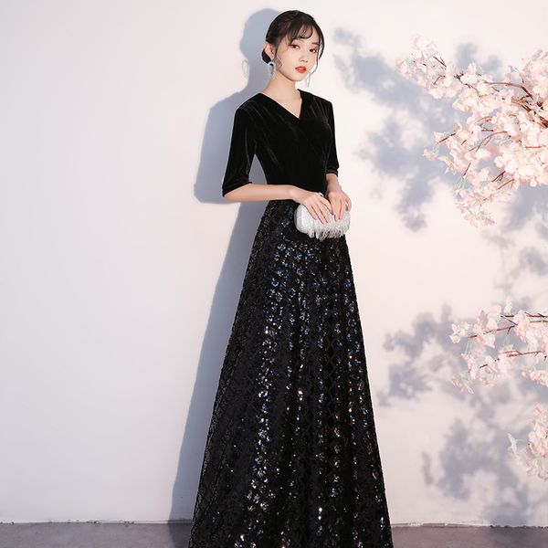 

2023 spring/summer new evening dress v-neck dress spliced sequin evening party long style temperament dress purchase contact us, Black;red