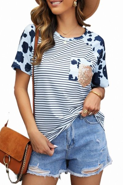 

cow striped sequined splicing pocket short sleeve w7lb#, White