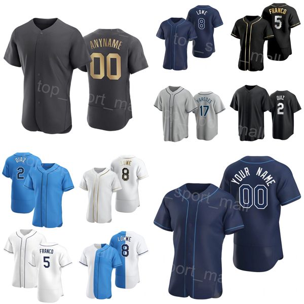 

team baseball 5 wander franco jersey 56 randy arozarena 2 yandy diaz 17 isaac paredes 8 brandon lowe 43 harold ramirez custom name number co, Blue;black