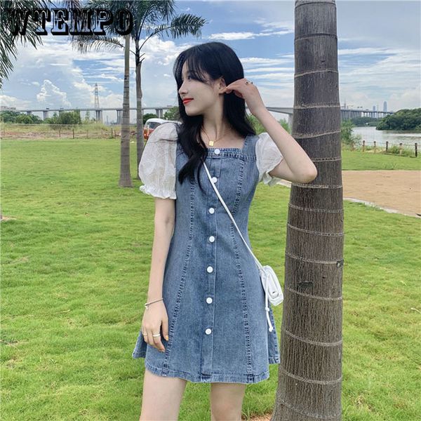 

basic casual dresses denim dress french square collar female summer temperament above knee length a-line dresses women 230518, Black;gray