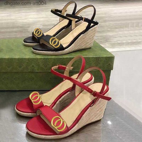 

2023 summer beach high heels fashion casual sandals 100 leather wedges belt buckle women shoes lady metal cowhide letter work shoe large siz, Black