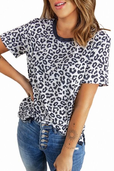 

white crew neck leopard side split t-shirt 2023 new l7xu#