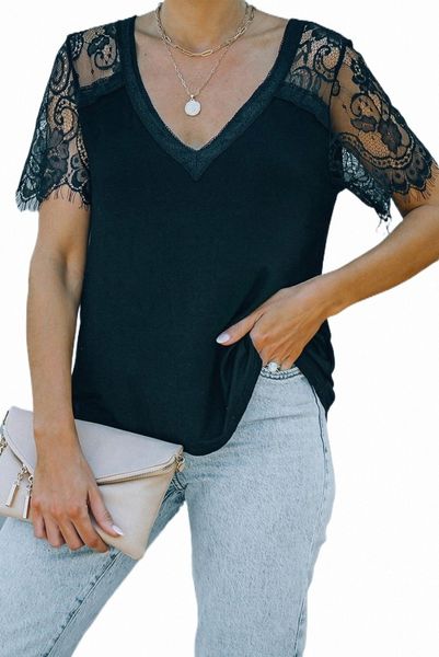 

black sweet side lace deep v neck t-shirt 2023 new 95mr#, White