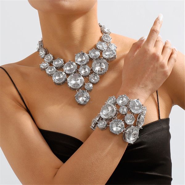 

chokers exaggerated large round stone choker necklace bracelet set for girl crystal geometric big bib collar necklace jewelry 230518, Golden;silver