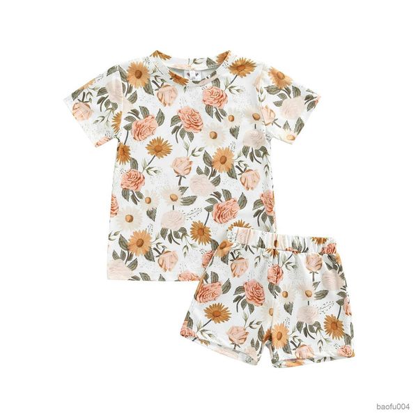 

clothing sets 2-6years baby short sleeve and shorts flower pattern elastic waist sweet style summer clothing r230518, White