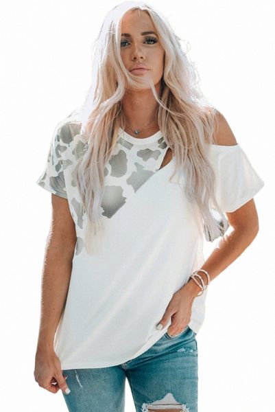 

cow print splicing cut-out cold shoulder short sleeve t-shirt v5iv#, White