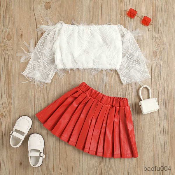 

clothing sets kids leather skirt set long sleeve off shoulder lace crop thigh long solid color skirt kids clothing r230518, White