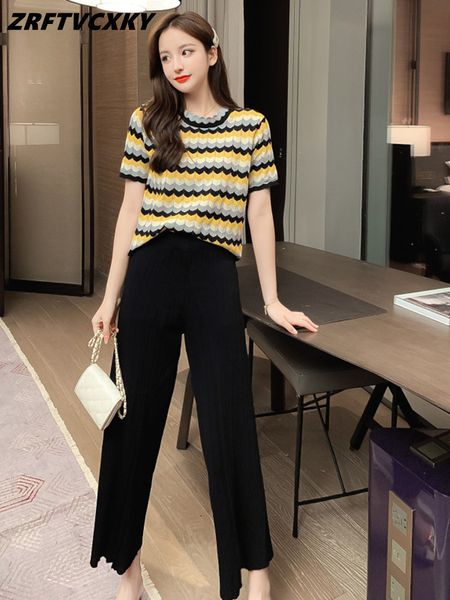 

women's two piece pants women's suit spring and summer sports pants casual striped ice silk sweater short-sleeved t-shirt harem pa, White