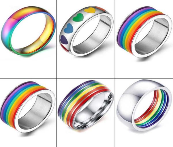 

multicolor mens womens rainbow colorful lgbt pulsera ring stainless steel wedding band lebian gay rings drop q07083964425, Silver