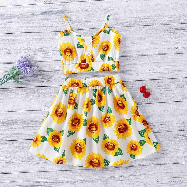 

clothing sets girl's clothing set sunflower print sleeveless sling and skirt two-piece suit for vacation birthday party r230518, White