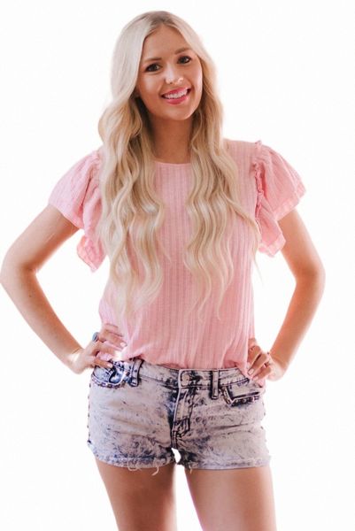 

pink ruffled rib knitted short sleeve t shirt f1ci#, White