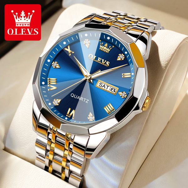 

wristwatches olevs mens watches rhombus mirror original quartz watch for man waterproof luminous stainless steel wristwatch male date week 2, Slivery;brown